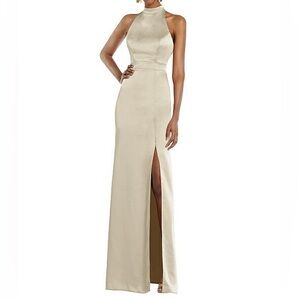 LOVELY HIGH NECK BACKLESS MAXI DRESS WITH SLIM BELT IN CHAMPAGNE SIZE 4
